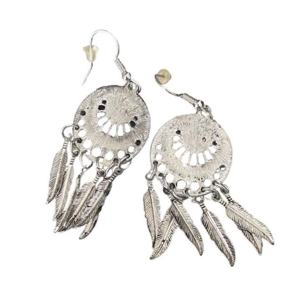 Silver Tone and Turquoise Dreamcatcher Feather Drop Earrings - Picture 2 of 3